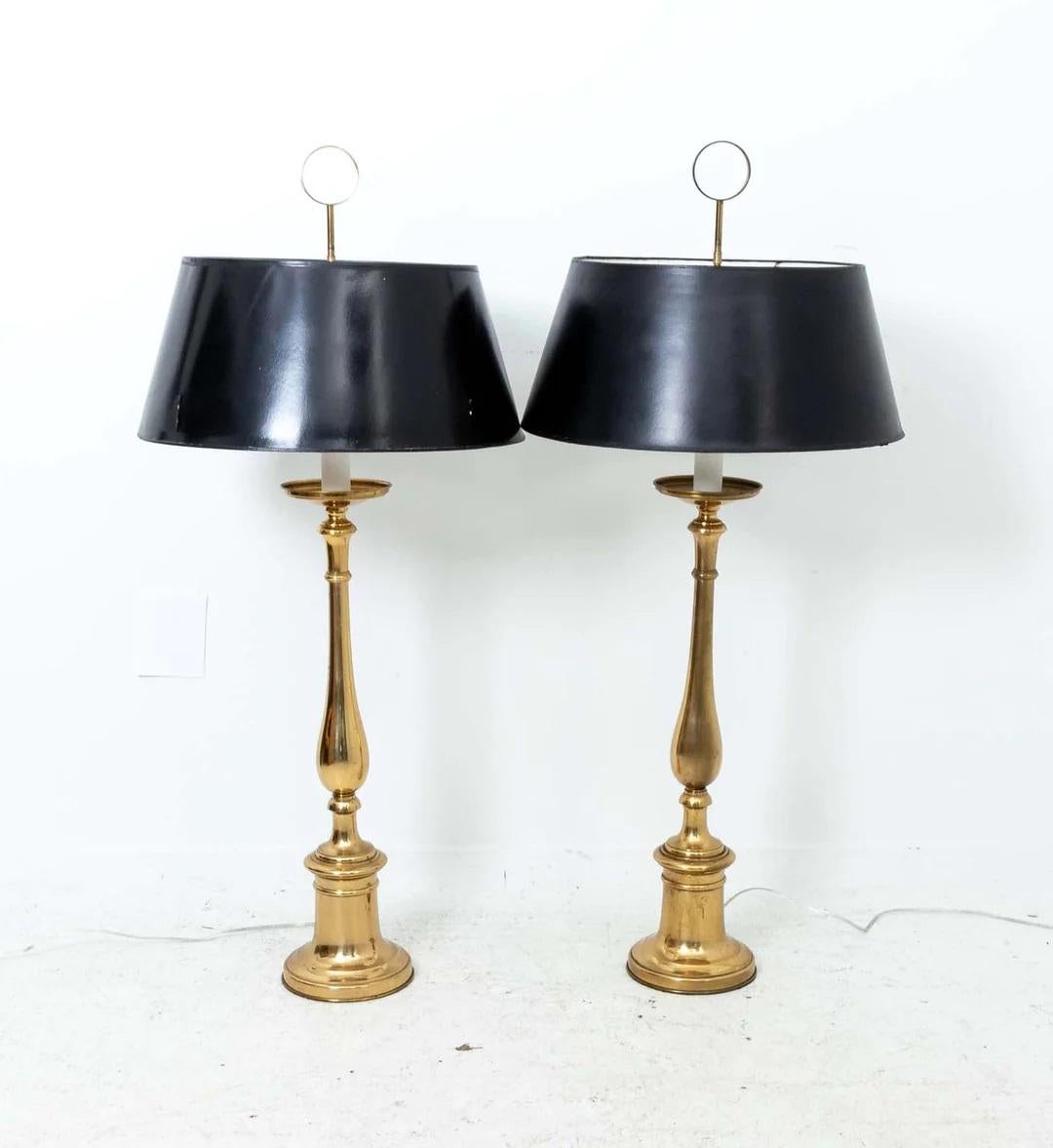 Pair Tommi Parzinger Style Solid Brass Mid Century Lamps For Sale 1