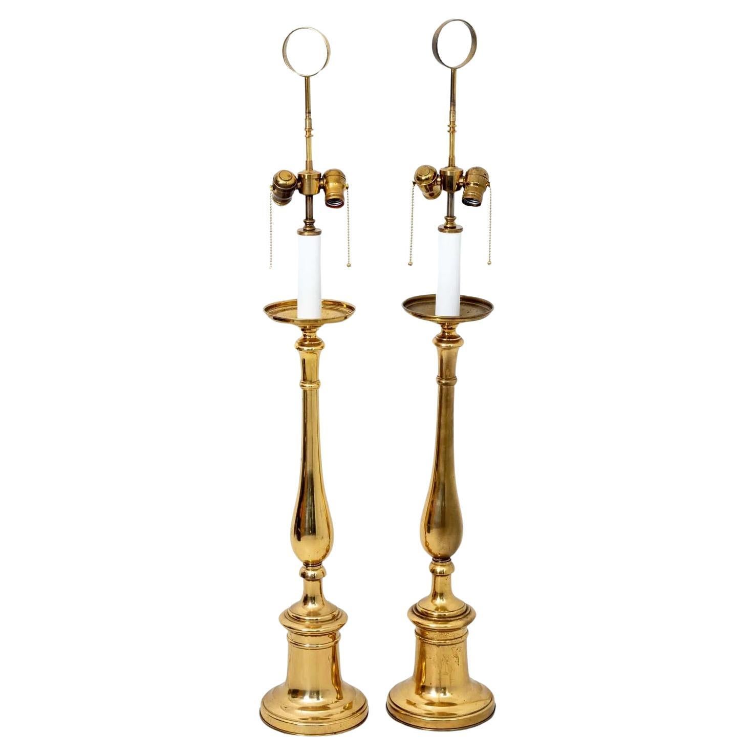 Pair Tommi Parzinger Style Solid Brass Mid Century Lamps For Sale