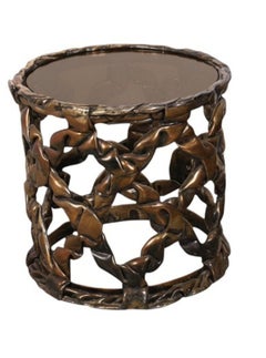 Pair Tony Duquette Ribbon Drum End Tables Gold Leaf Bronze Glass. U.S.A. 1970's.