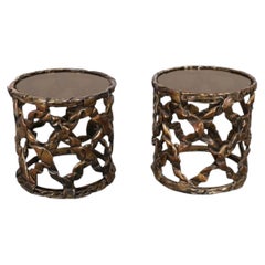 Pair Tony Duquette Ribbon Drum End Tables Gold Leaf Bronze Glass. U.S.A. 1970's.