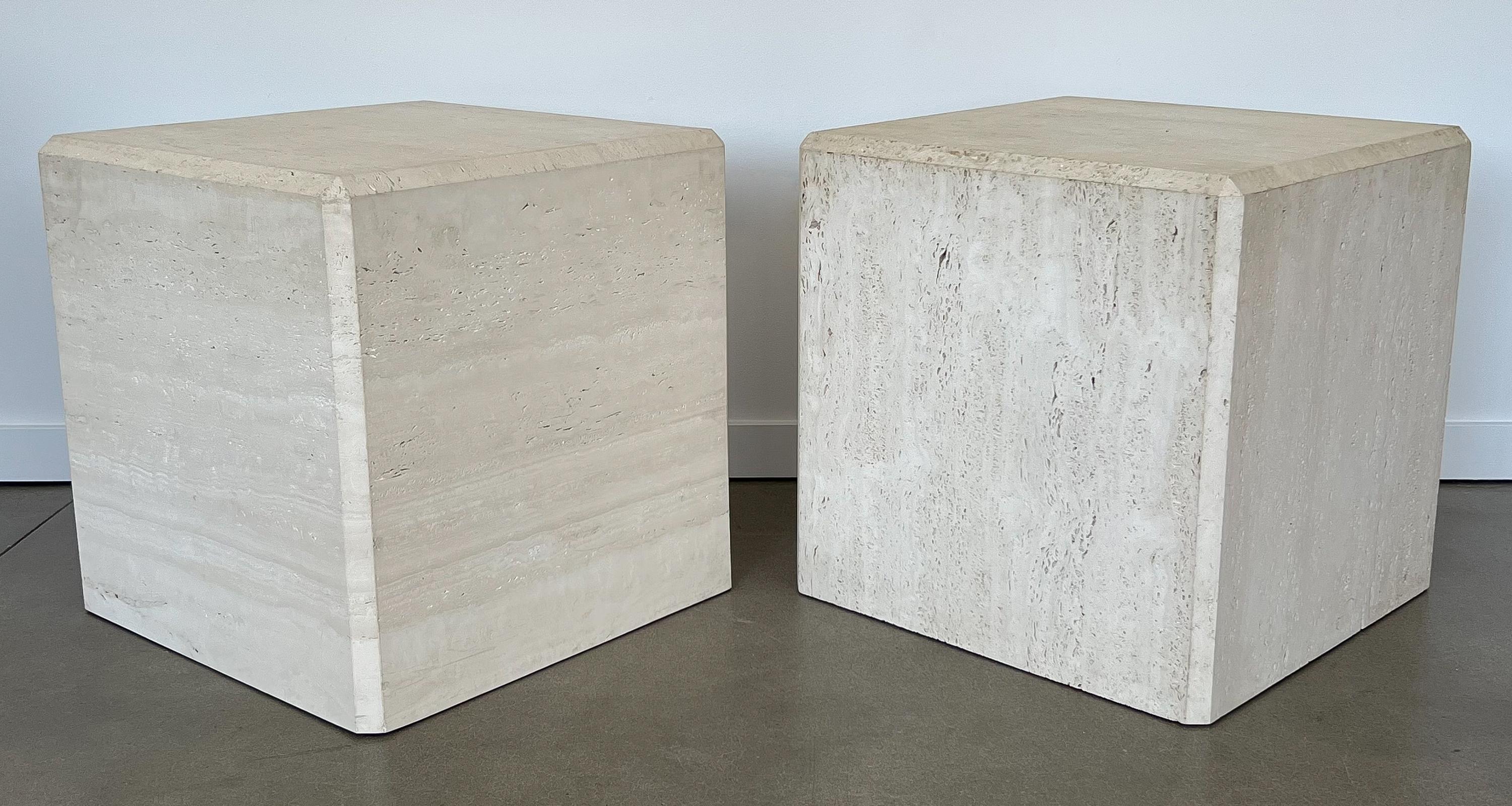Mid-Century Modern Pair Travertine Cube End Tables