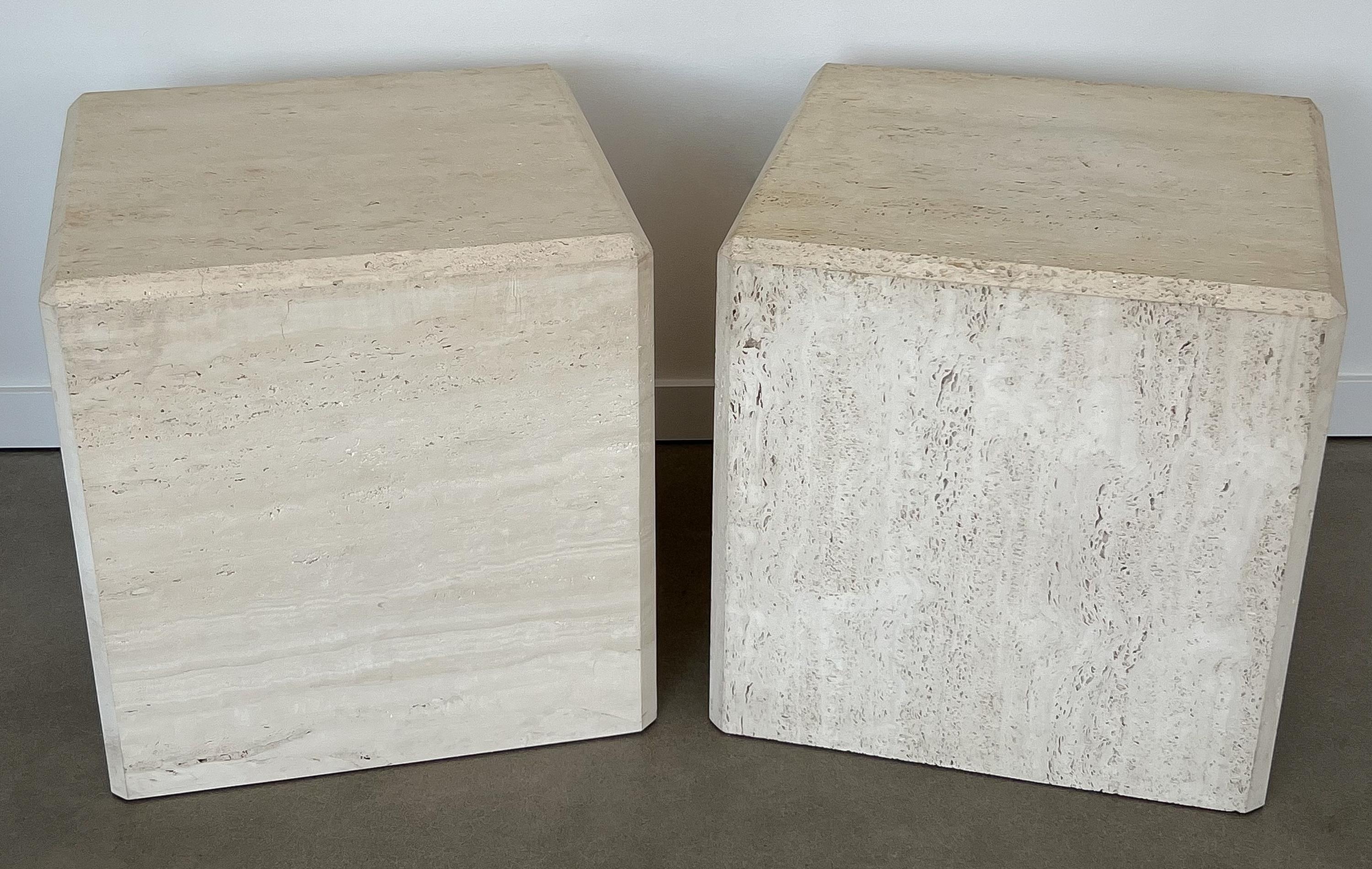 Pair Travertine Cube End Tables In Good Condition In Chicago, IL