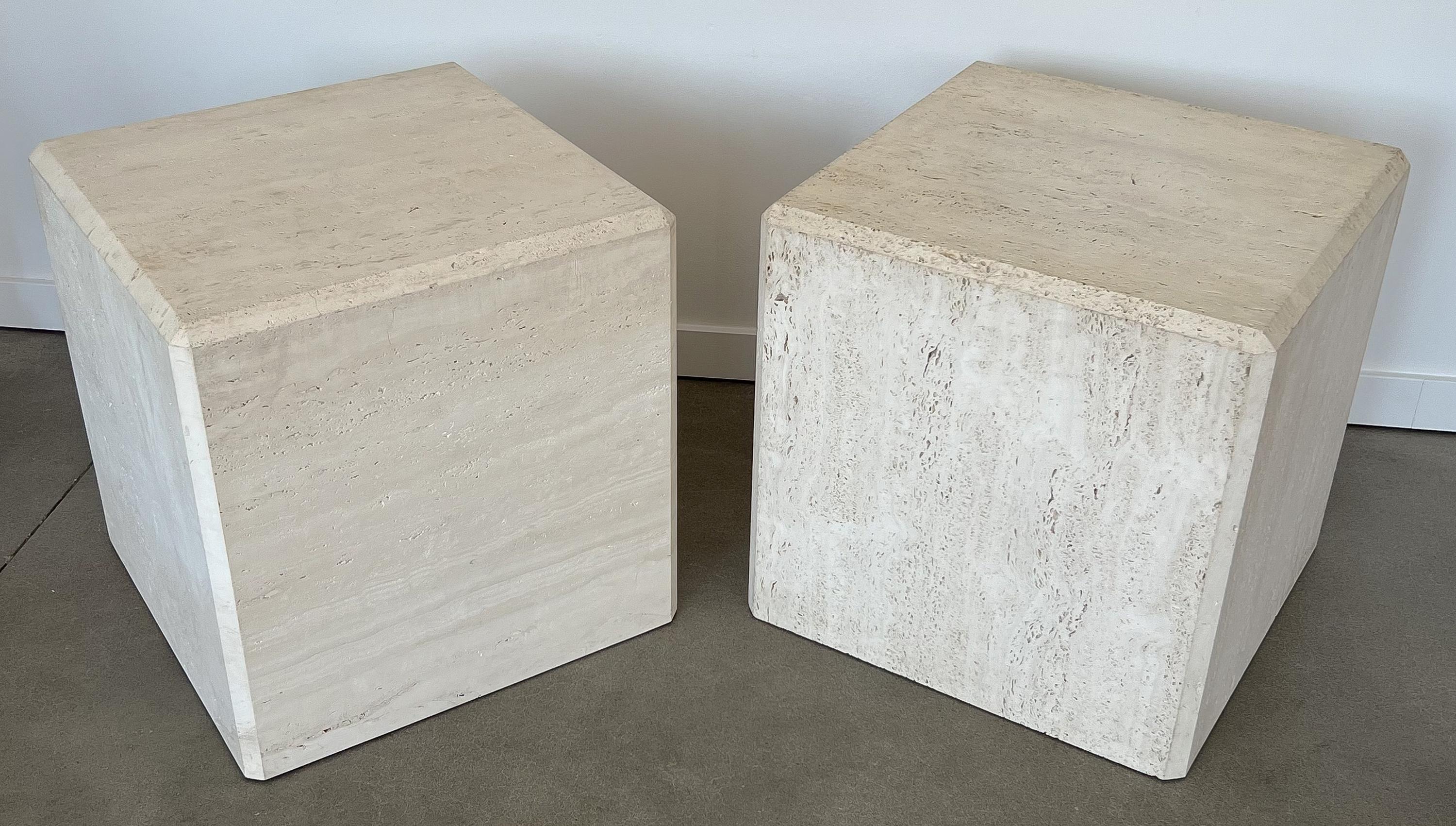 Late 20th Century Pair Travertine Cube End Tables