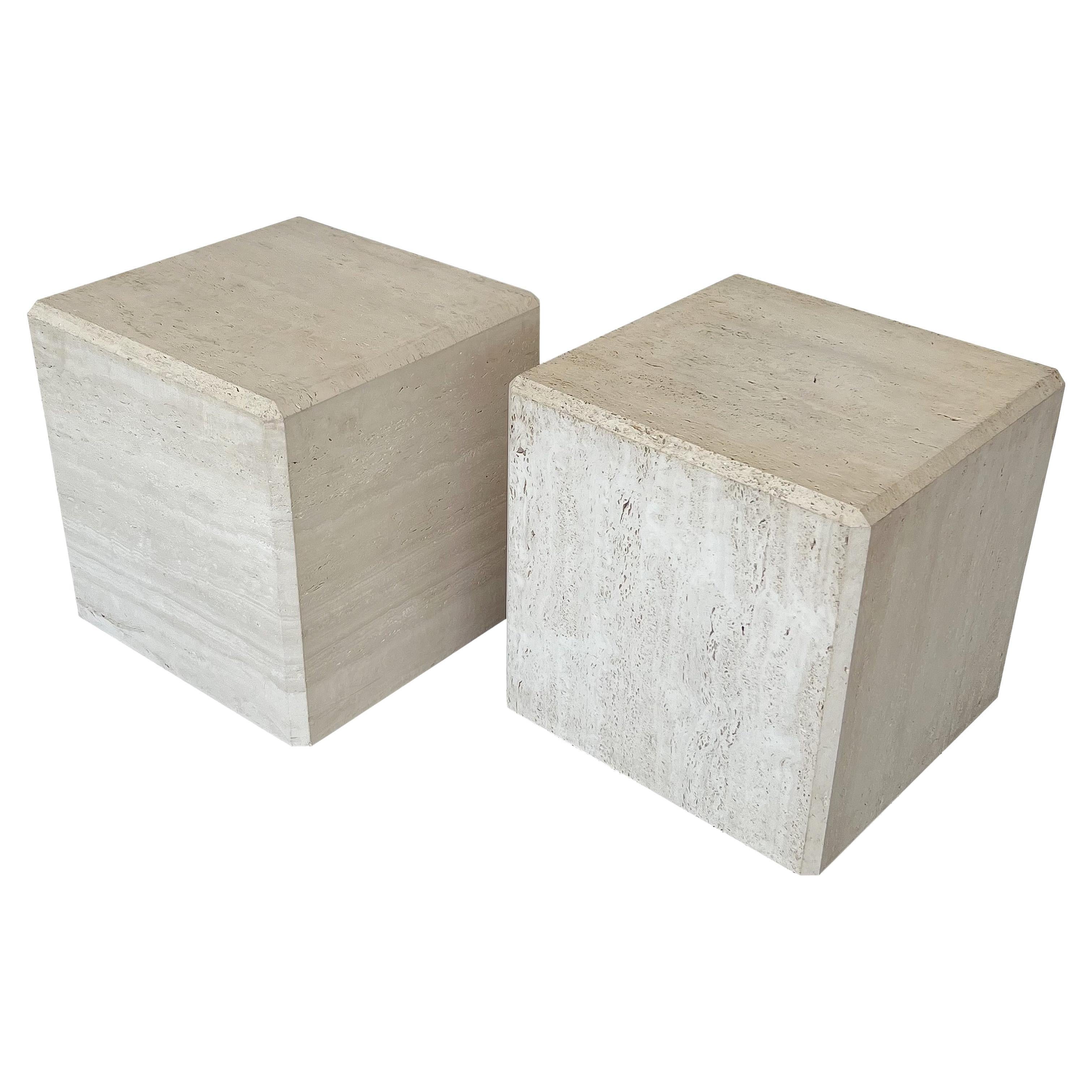 Pair Travertine Cube End Tables