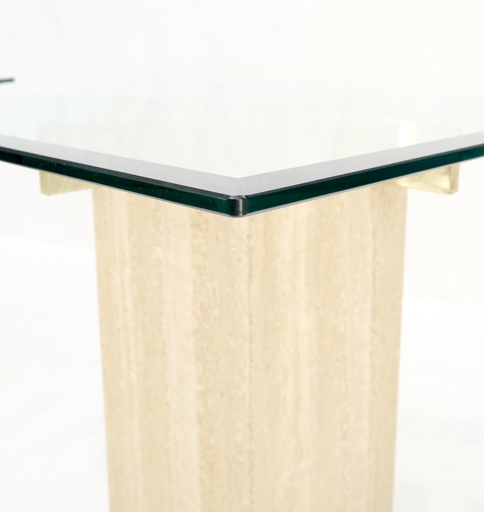 Pair Travertine Bases Cross Support Glass Top End Side Occational Tables Stands For Sale 3