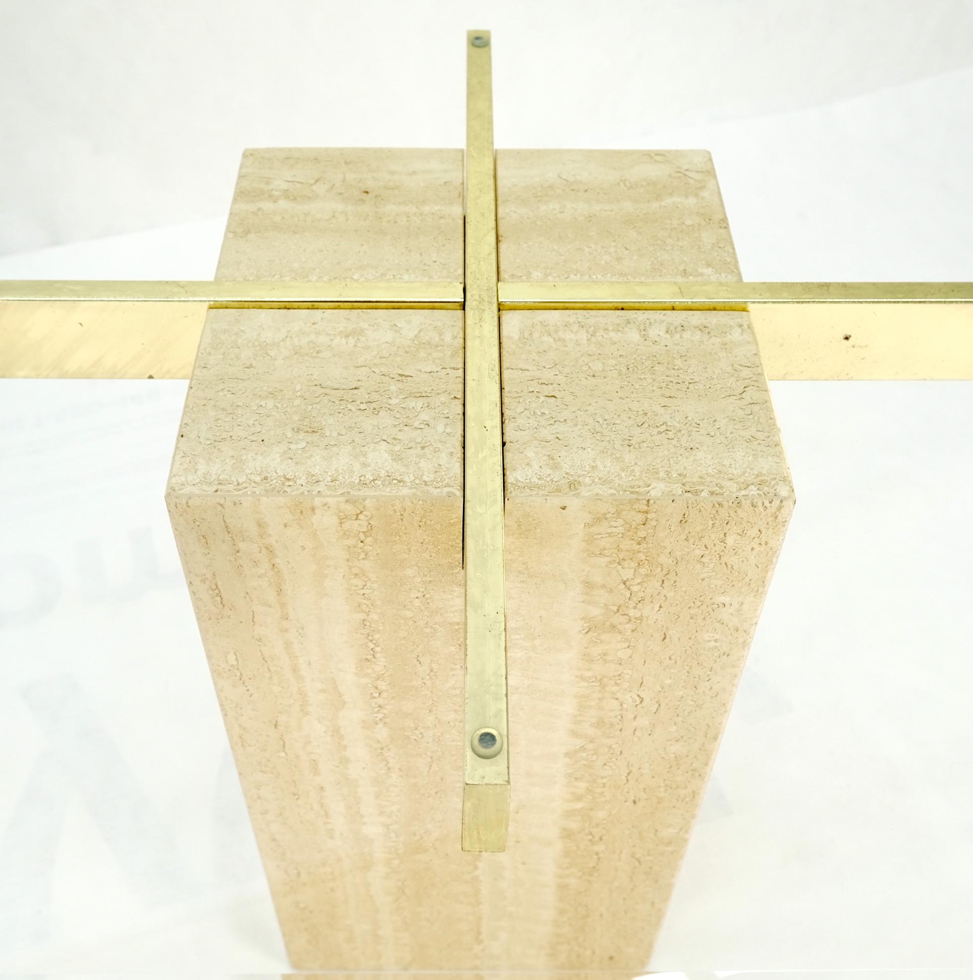 Pair Travertine Bases Cross Support Glass Top End Side Occational Tables Stands For Sale 4