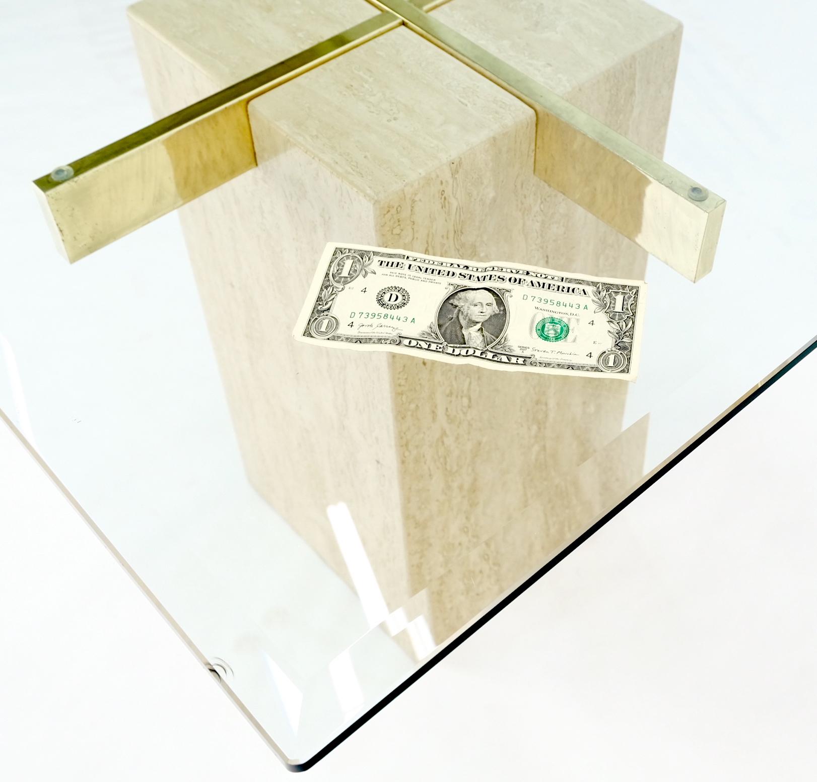 Pair Travertine Bases Cross Support Glass Top End Side Occational Tables Stands For Sale 7