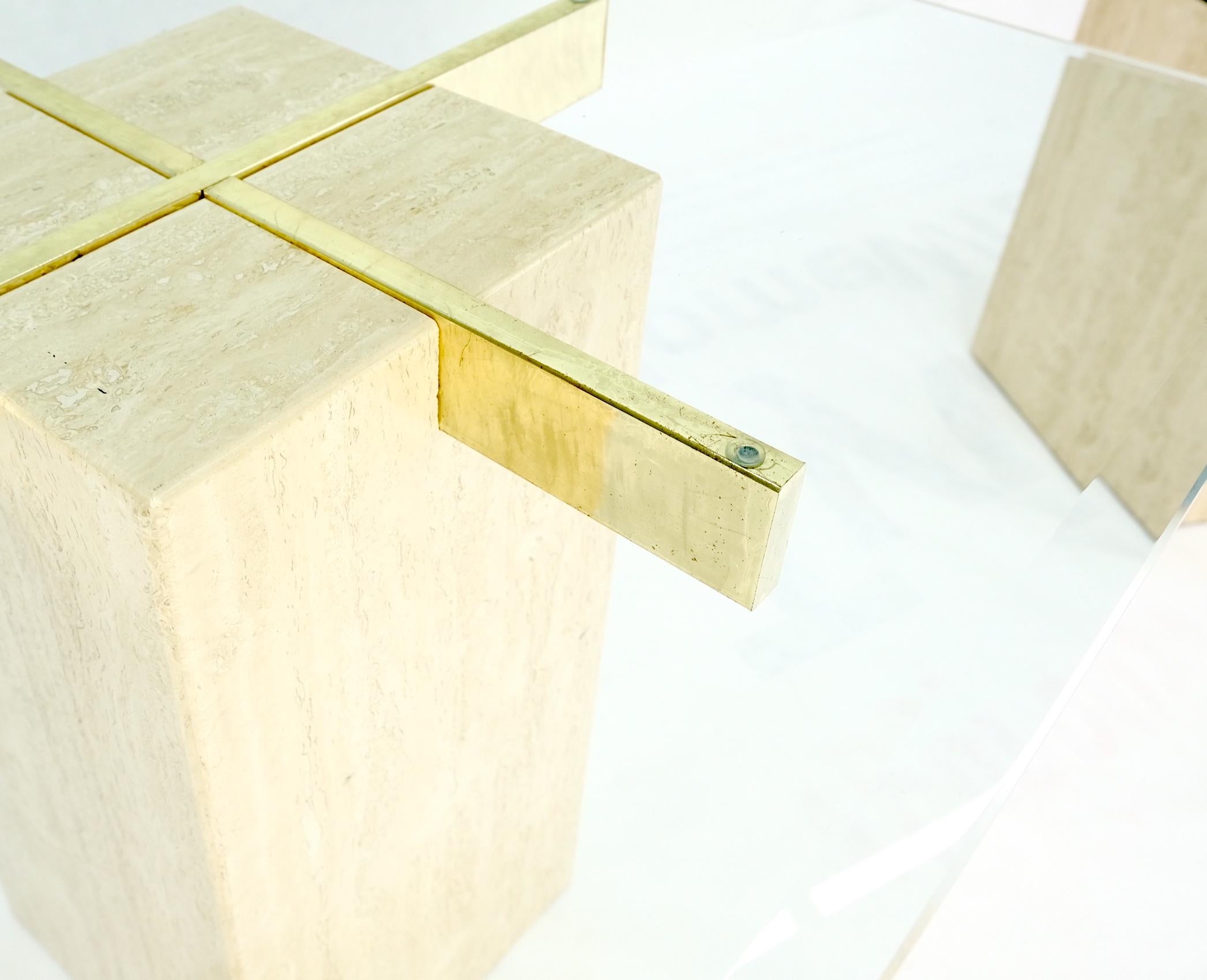 Pair Travertine Bases Cross Support Glass Top End Side Occational Tables Stands For Sale 8