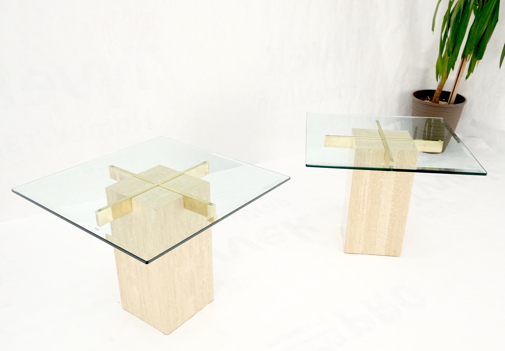 Pair of Italian Mid-Century Modern travertine bases cross support glass top end side occasional tables stands.