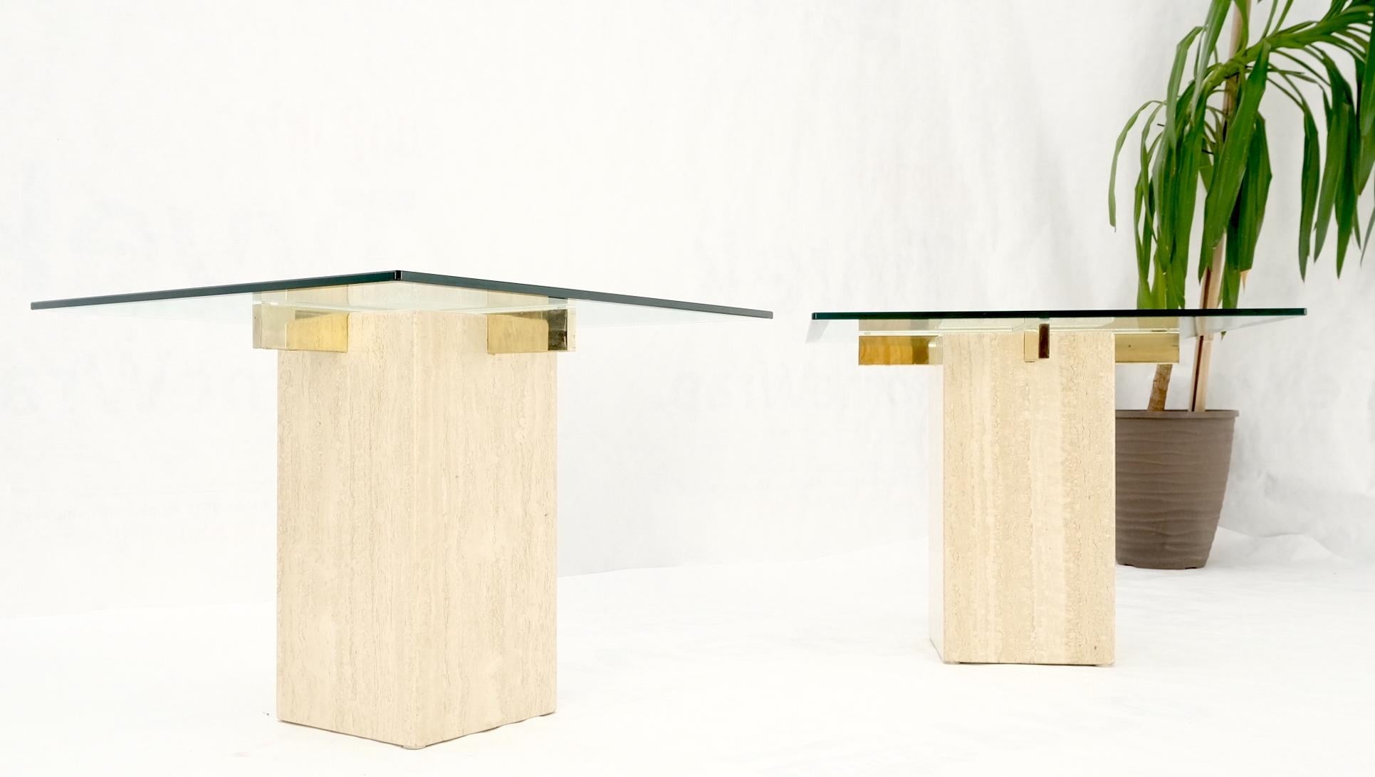 Mid-Century Modern Pair Travertine Bases Cross Support Glass Top End Side Occational Tables Stands For Sale