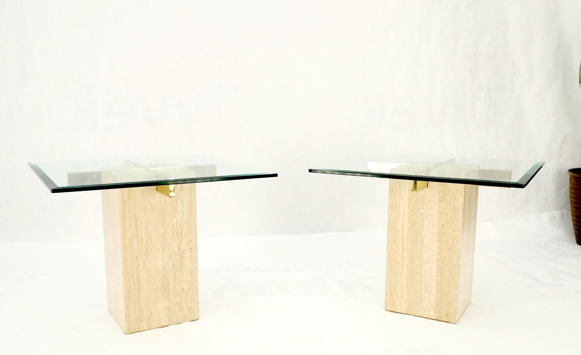 Italian Pair Travertine Bases Cross Support Glass Top End Side Occational Tables Stands For Sale