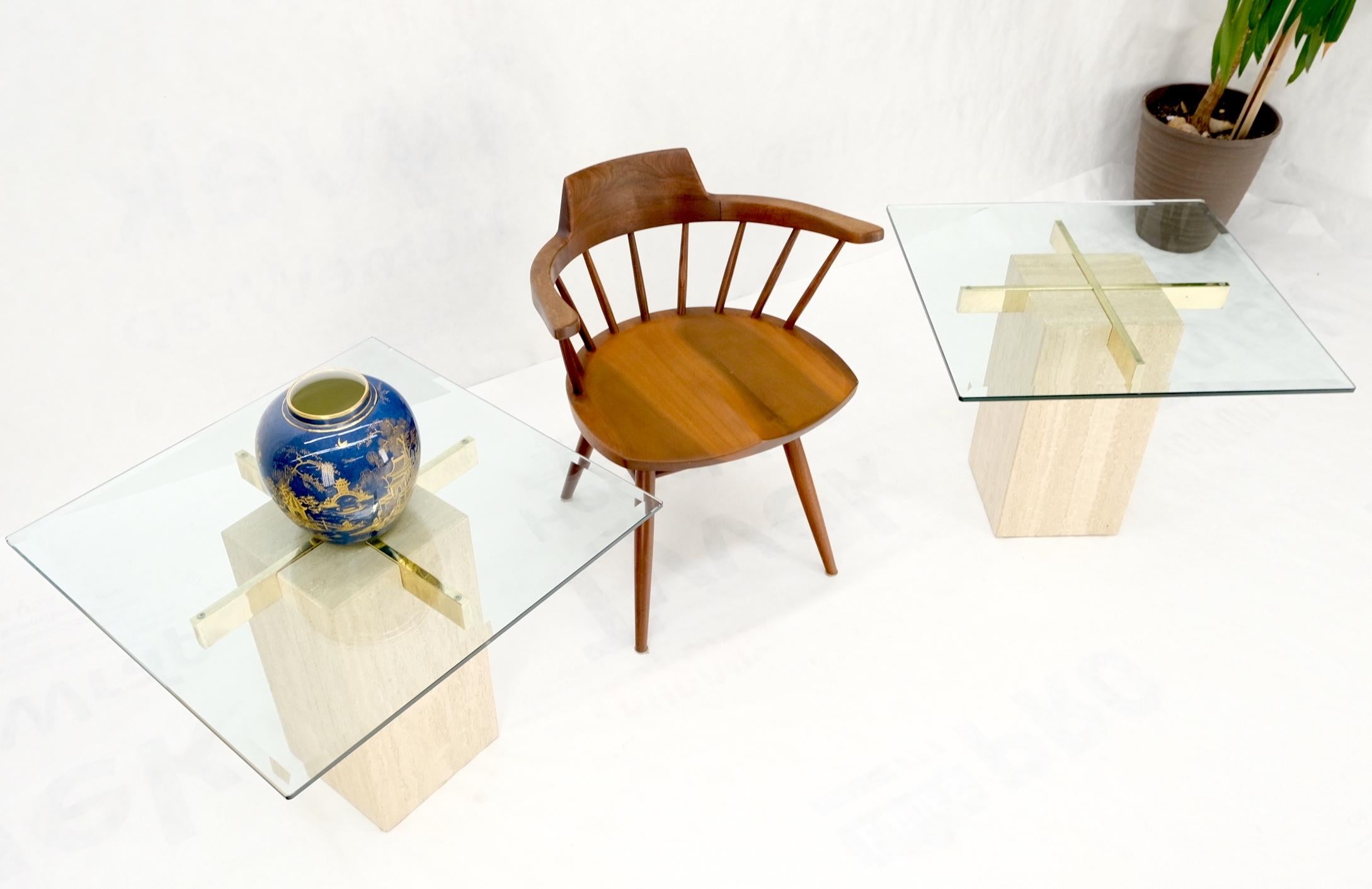 Pair Travertine Bases Cross Support Glass Top End Side Occational Tables Stands In Good Condition For Sale In Rockaway, NJ