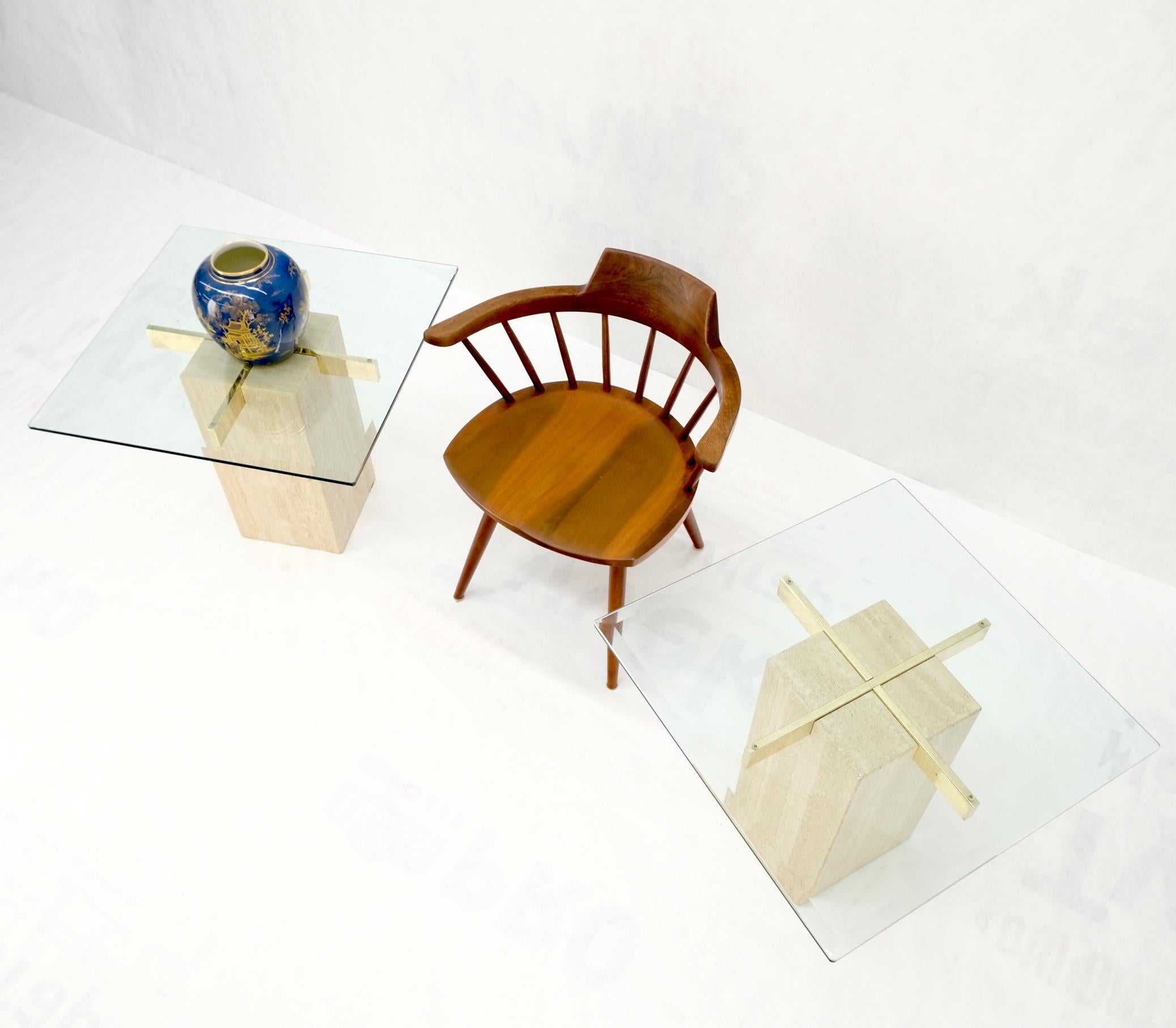 20th Century Pair Travertine Bases Cross Support Glass Top End Side Occational Tables Stands For Sale