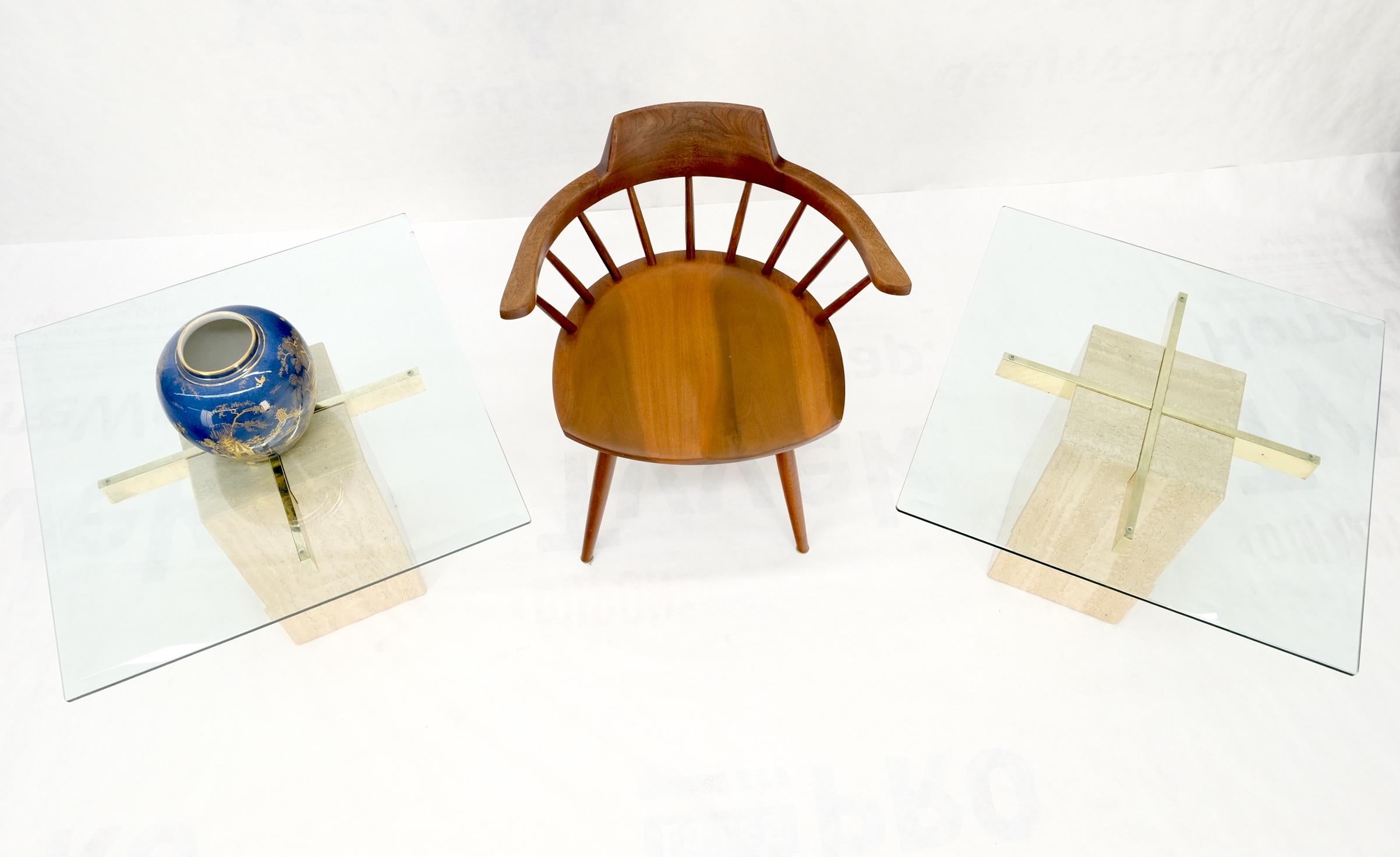 Brass Pair Travertine Bases Cross Support Glass Top End Side Occational Tables Stands For Sale