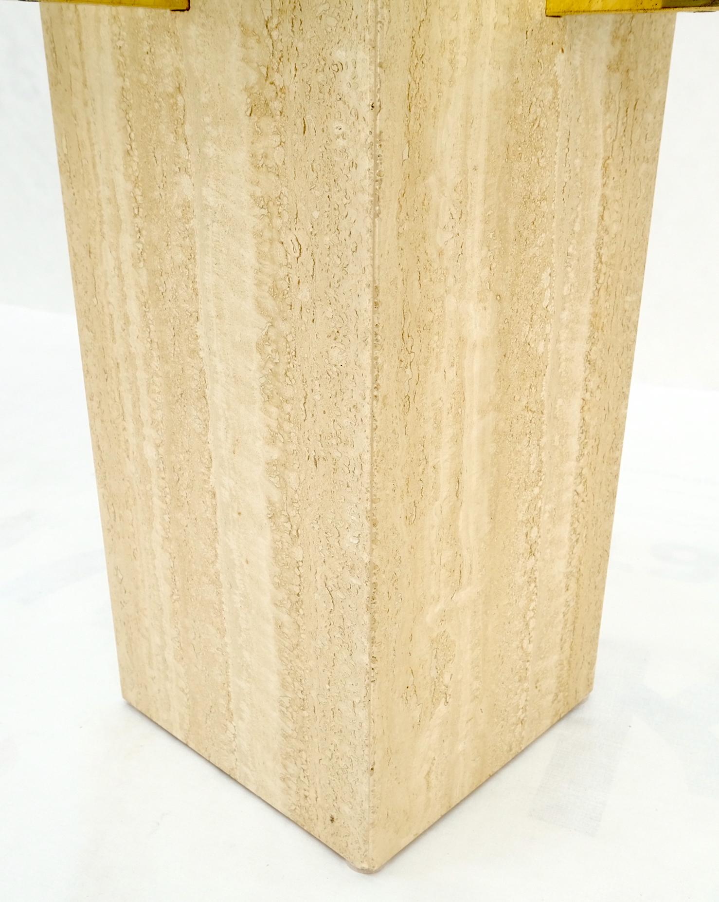 Pair Travertine Bases Cross Support Glass Top End Side Occational Tables Stands For Sale 1