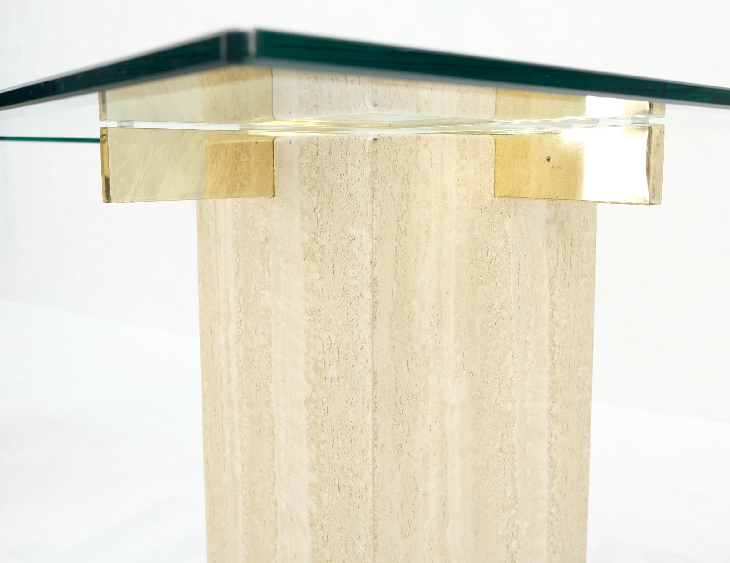Pair Travertine Bases Cross Support Glass Top End Side Occational Tables Stands For Sale 2