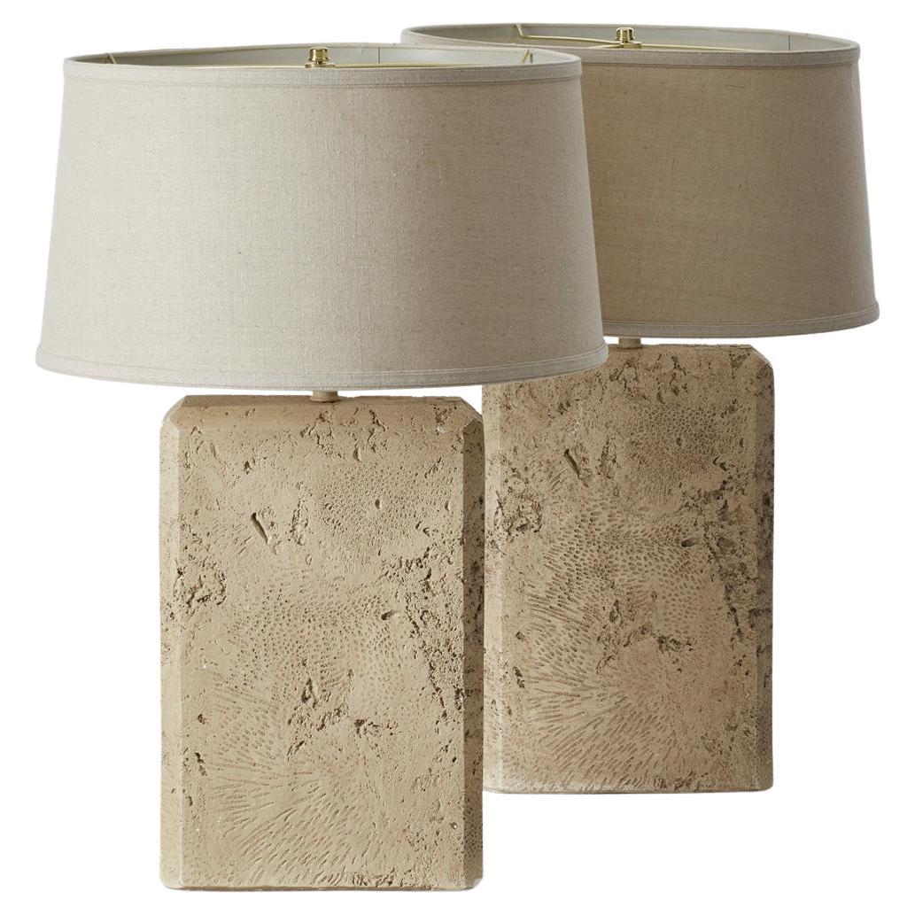 Pair Travertine Effect Table Lamps, US 1970s