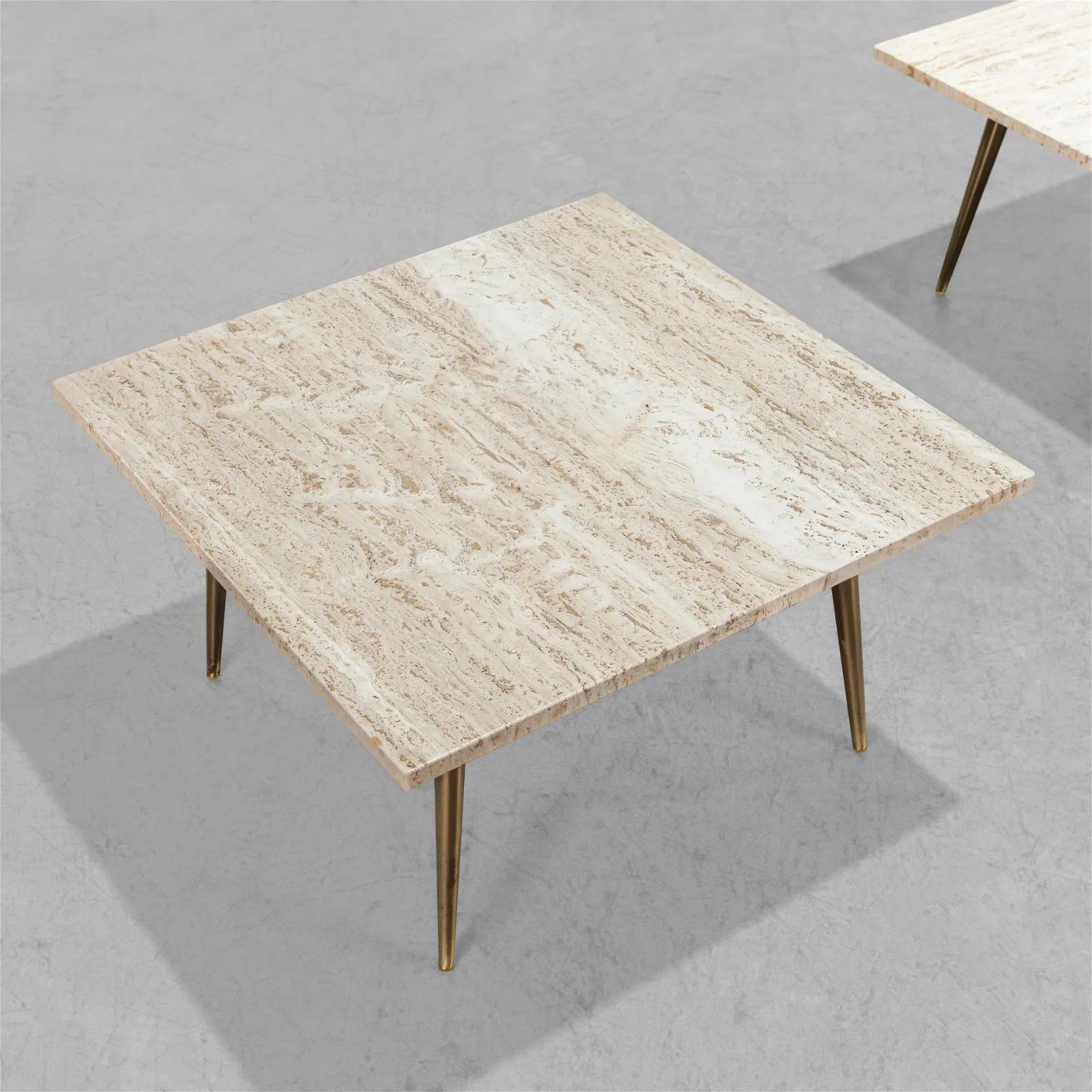 Pair of Travertine Top End Tables with brass legs.