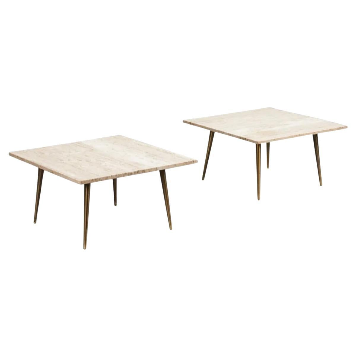 Pair Travertine Top End Tables For Sale