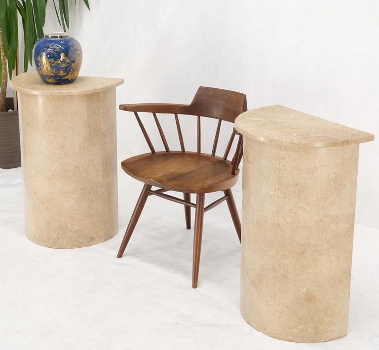 Mid-Century Modern Pair Travertine Very Fine Half Round Pedestals Console Side Lamp Tables Stands For Sale
