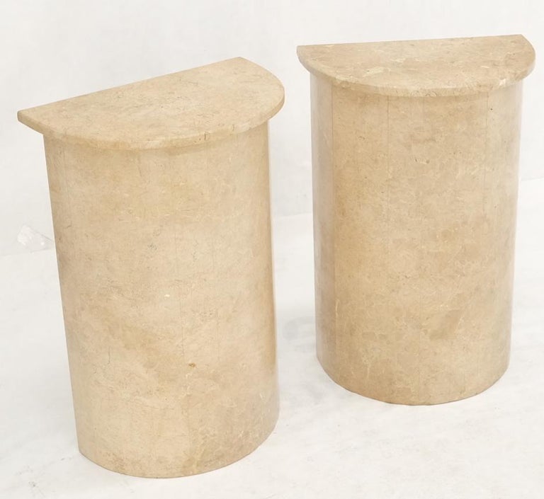 Polished Pair Travertine Very Fine Half Round Pedestals Console Side Lamp Tables Stands For Sale
