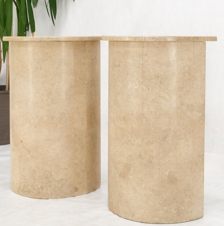 Pair Travertine Very Fine Half Round Pedestals Console Side Lamp Tables Stands In Excellent Condition For Sale In Rockaway, NJ