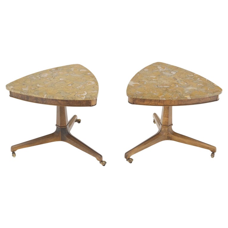 Pair Triangular Shape Marble Tops End Side Stands Lamp Tables Tomlinson