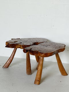 Pair Tripod Scallop Carved Burl Wood Tables Circa 1970 Spain
