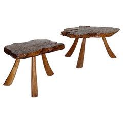 Pair Tripod Scallop Carved Burl Wood Tables Circa 1970 Spain