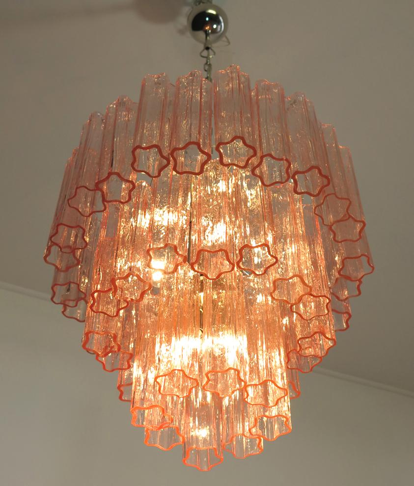 Pair of Tronchi Chandeliers, 48 Pink Glasses, Murano, 1990 For Sale 6