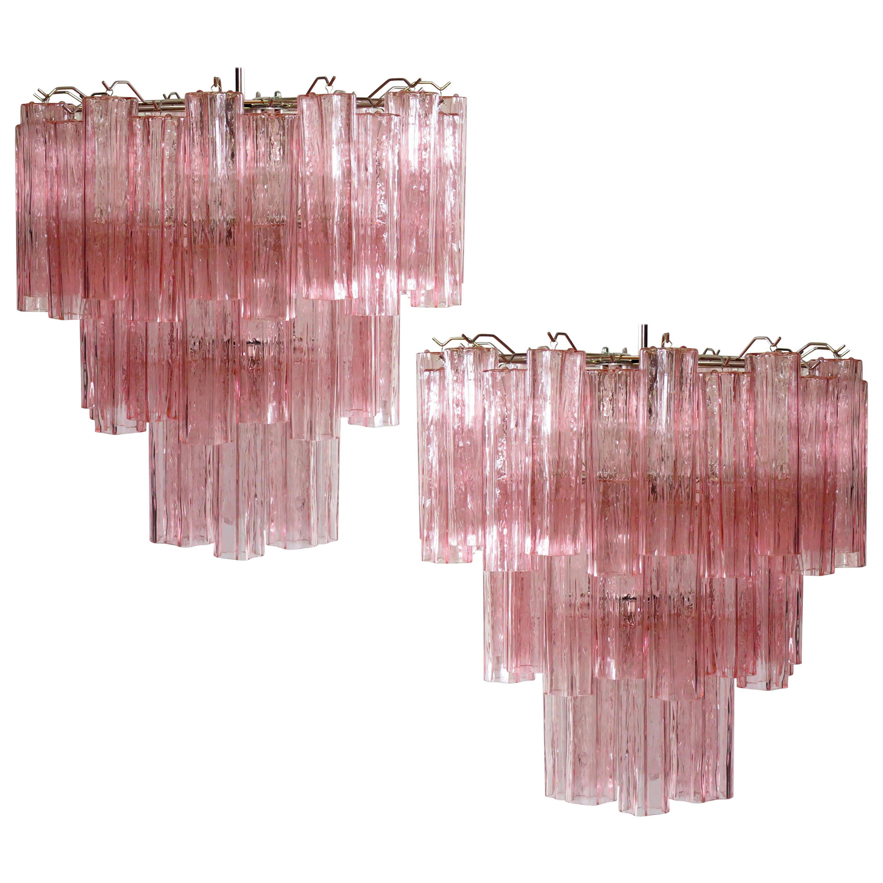 Pair of Tronchi Chandeliers, 48 Pink Glasses, Murano, 1990 For Sale