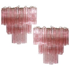Coppia di lampadari Tronchi, 48 bicchieri rosa, Murano, 1990