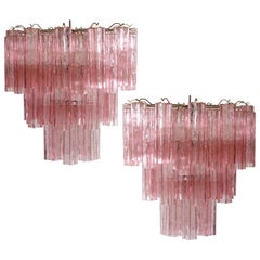 Retro Pair of Tronchi Chandeliers, 48 Pink Glasses, Murano, 1990