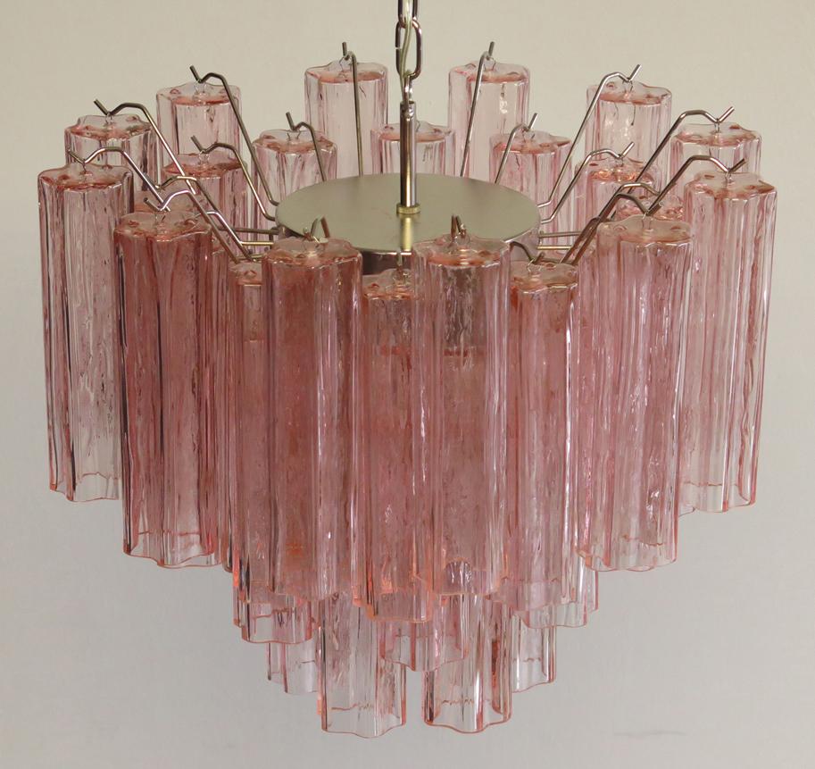 Italian Pair of Tronchi Chandeliers Style Toni Zuccheri, 36 Pink Glasses, Murano, 1990