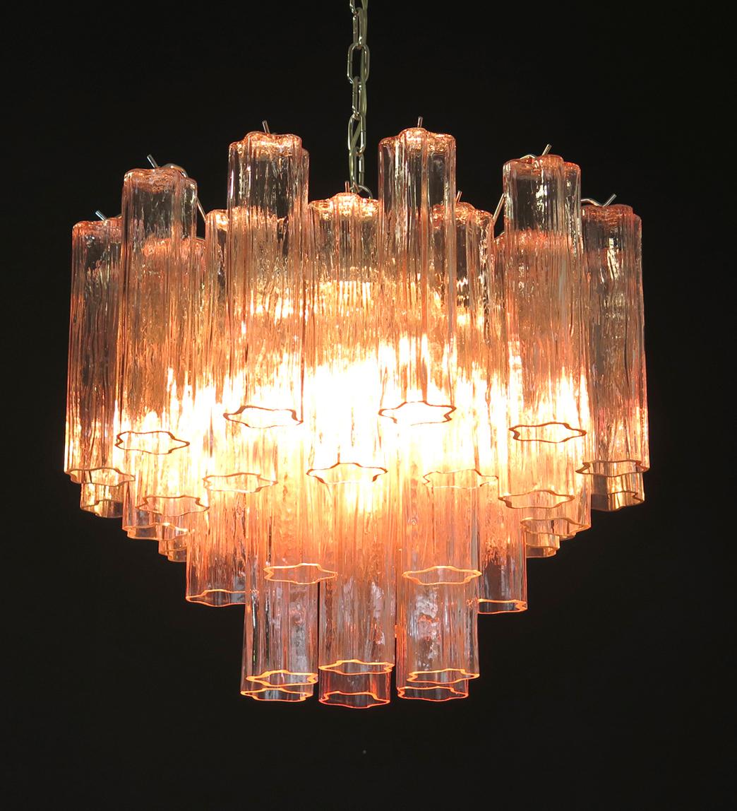 Pair of Tronchi Chandeliers Style Toni Zuccheri, 36 Pink Glasses, Murano, 1990 In Excellent Condition In Budapest, HU