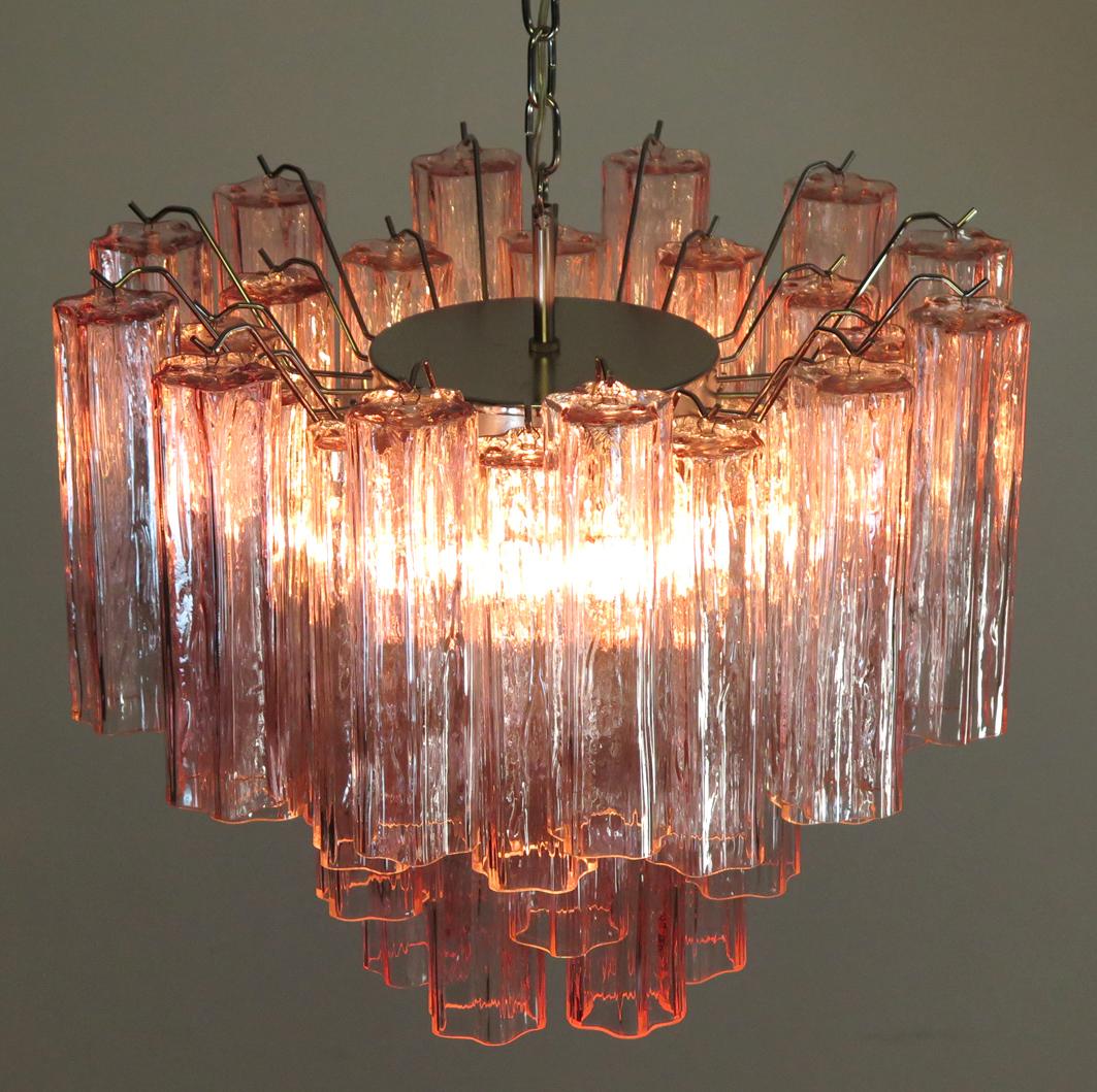 20th Century Pair of Tronchi Chandeliers Style Toni Zuccheri, 36 Pink Glasses, Murano, 1990