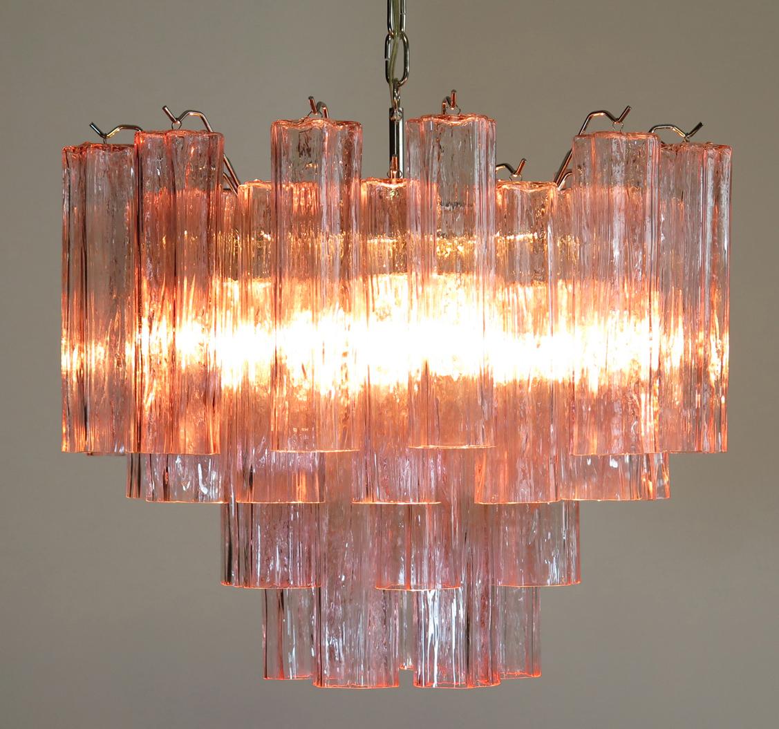 Metal Pair of Tronchi Chandeliers Style Toni Zuccheri, 36 Pink Glasses, Murano, 1990