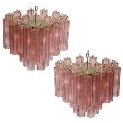 Pair of Tronchi Chandeliers Style Toni Zuccheri, 36 Pink Glasses, Murano, 1990