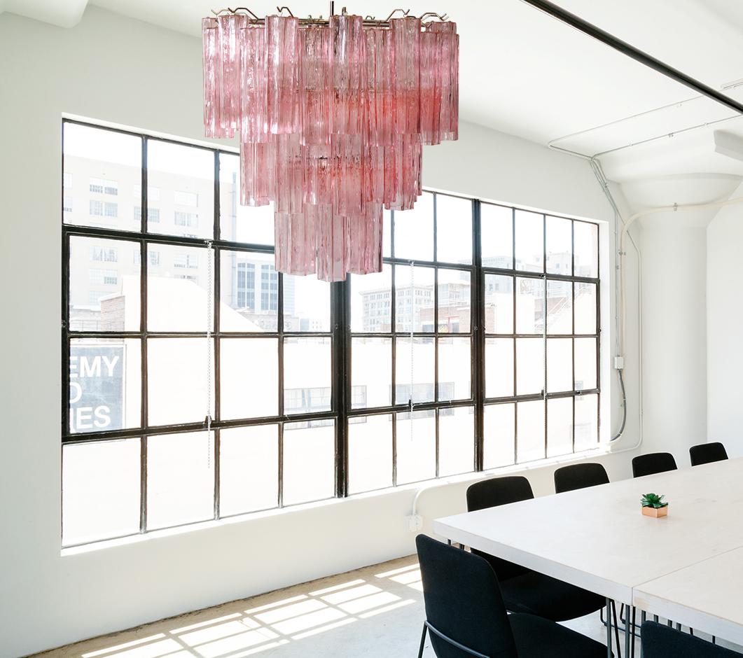 Metal Pair Tronchi Chandeliers Style Toni Zuccheri, 48 Pink Glasses, Murano, 1990 For Sale