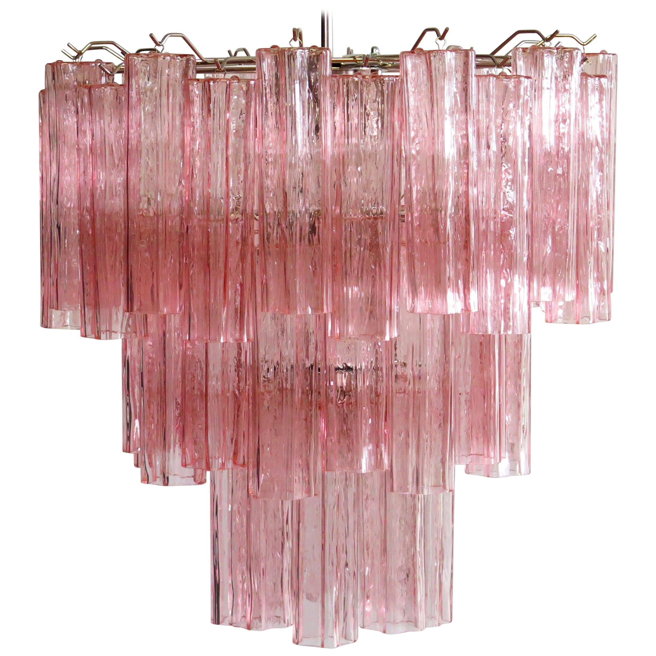 Italian Pair Tronchi Chandeliers Style Toni Zuccheri, 48 Pink Glasses, Murano, 1990 For Sale