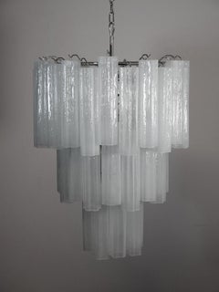 Pair Tronchi Chandeliers Style Toni Zuccheri, 48 White Glasses, Murano, 1990