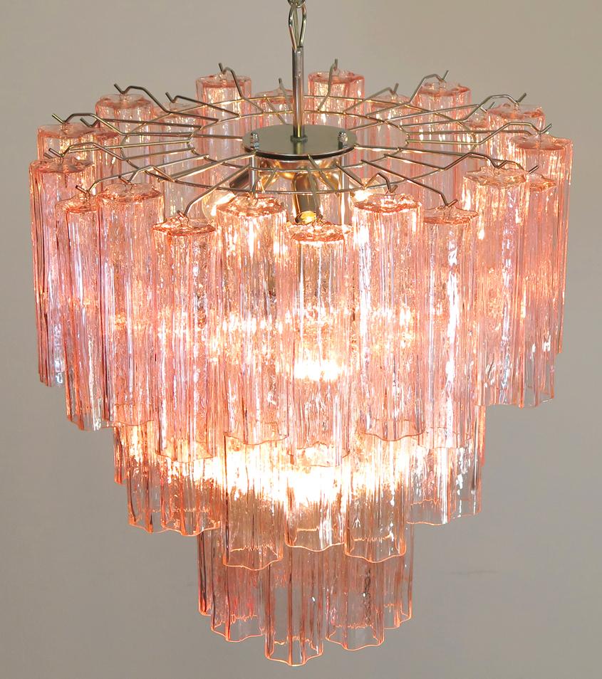 20th Century Pair Tronchi Chandeliers Style Toni Zuccheri, 48 Pink Glasses, Murano, 1990 For Sale