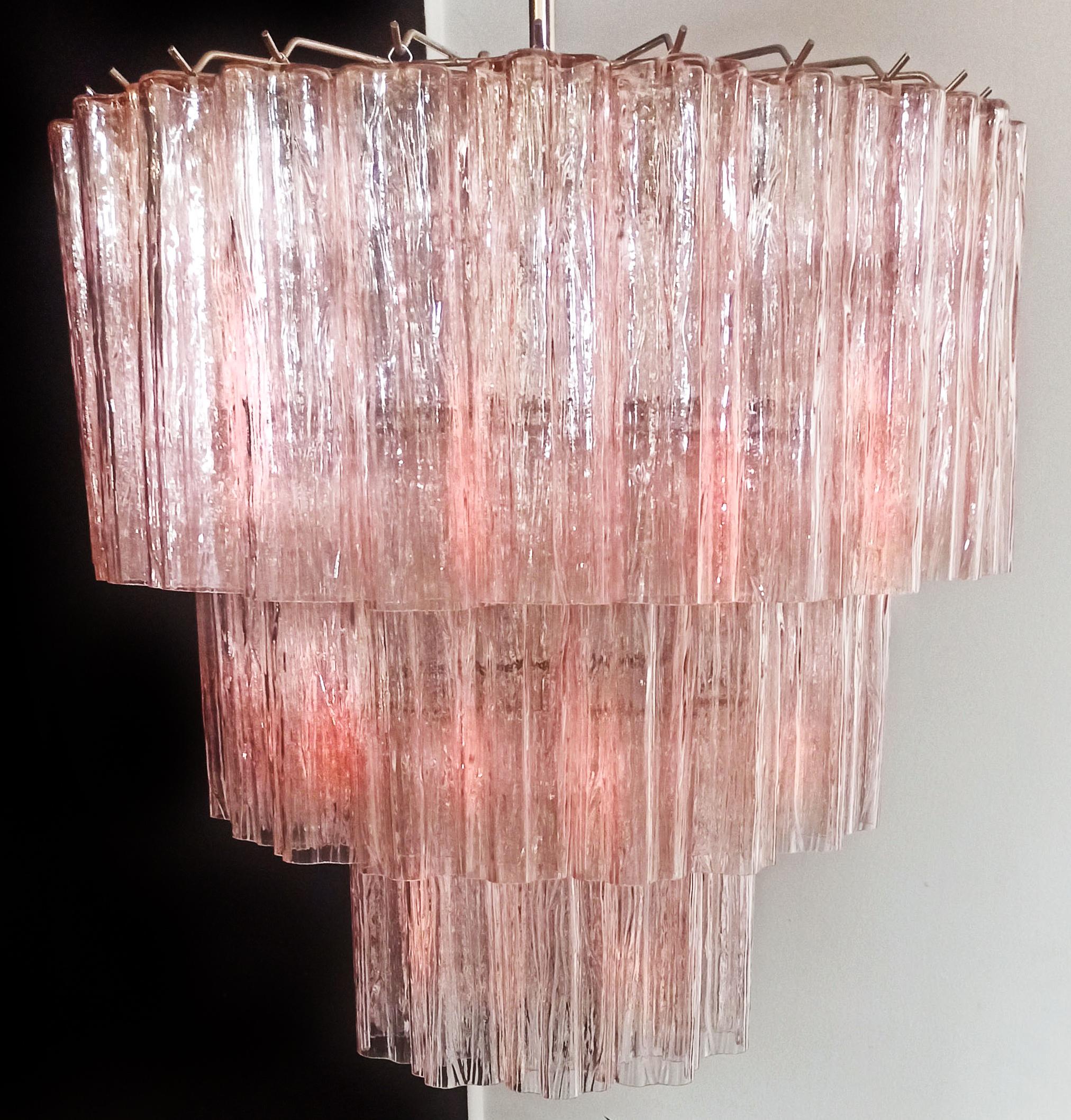 Pair of 52 Pink Tronchi Chandeliers Style Toni Zuccheri for Venini, Murano For Sale 1