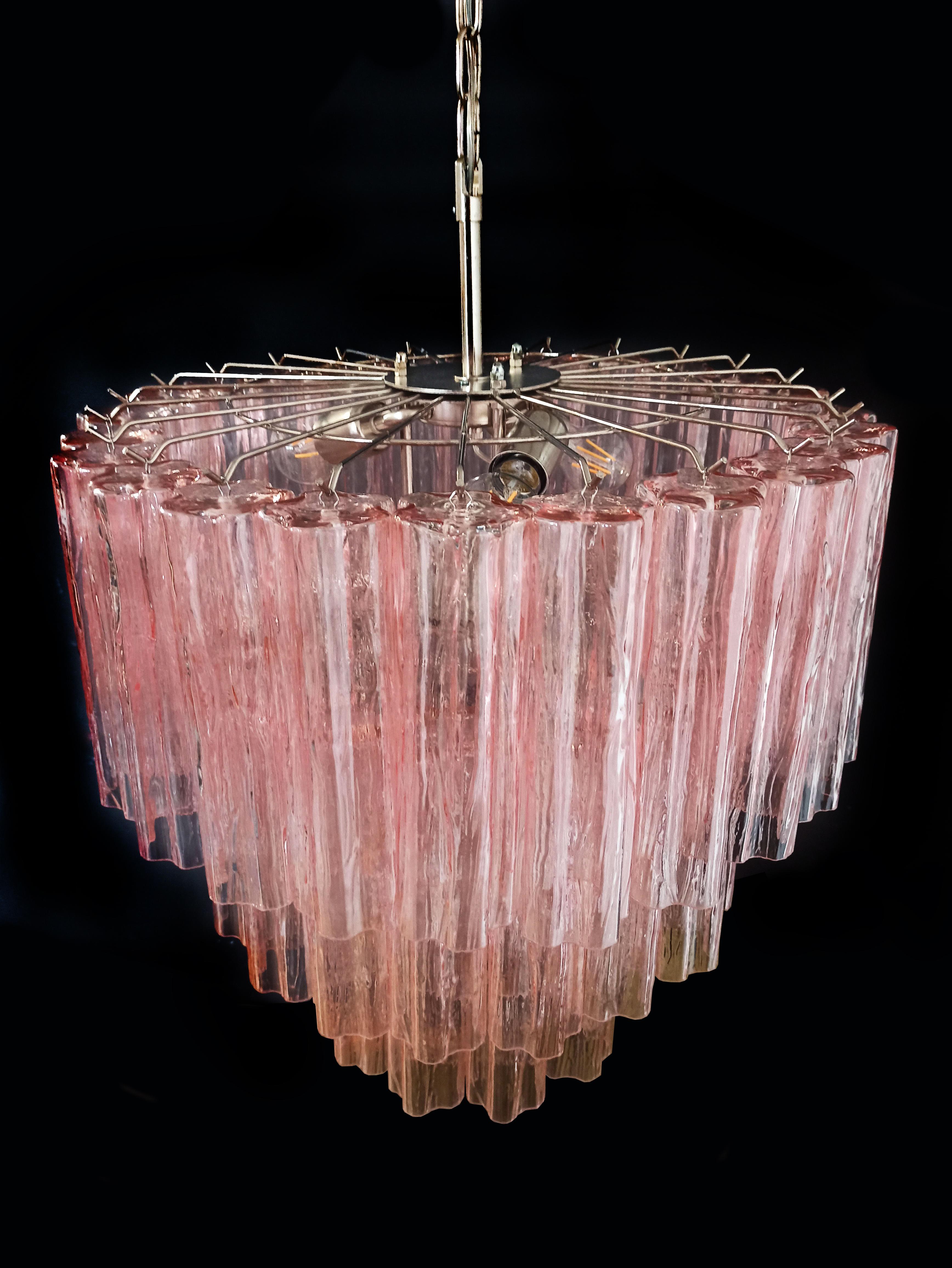 Pair of 52 Pink Tronchi Chandeliers Style Toni Zuccheri for Venini, Murano For Sale 2