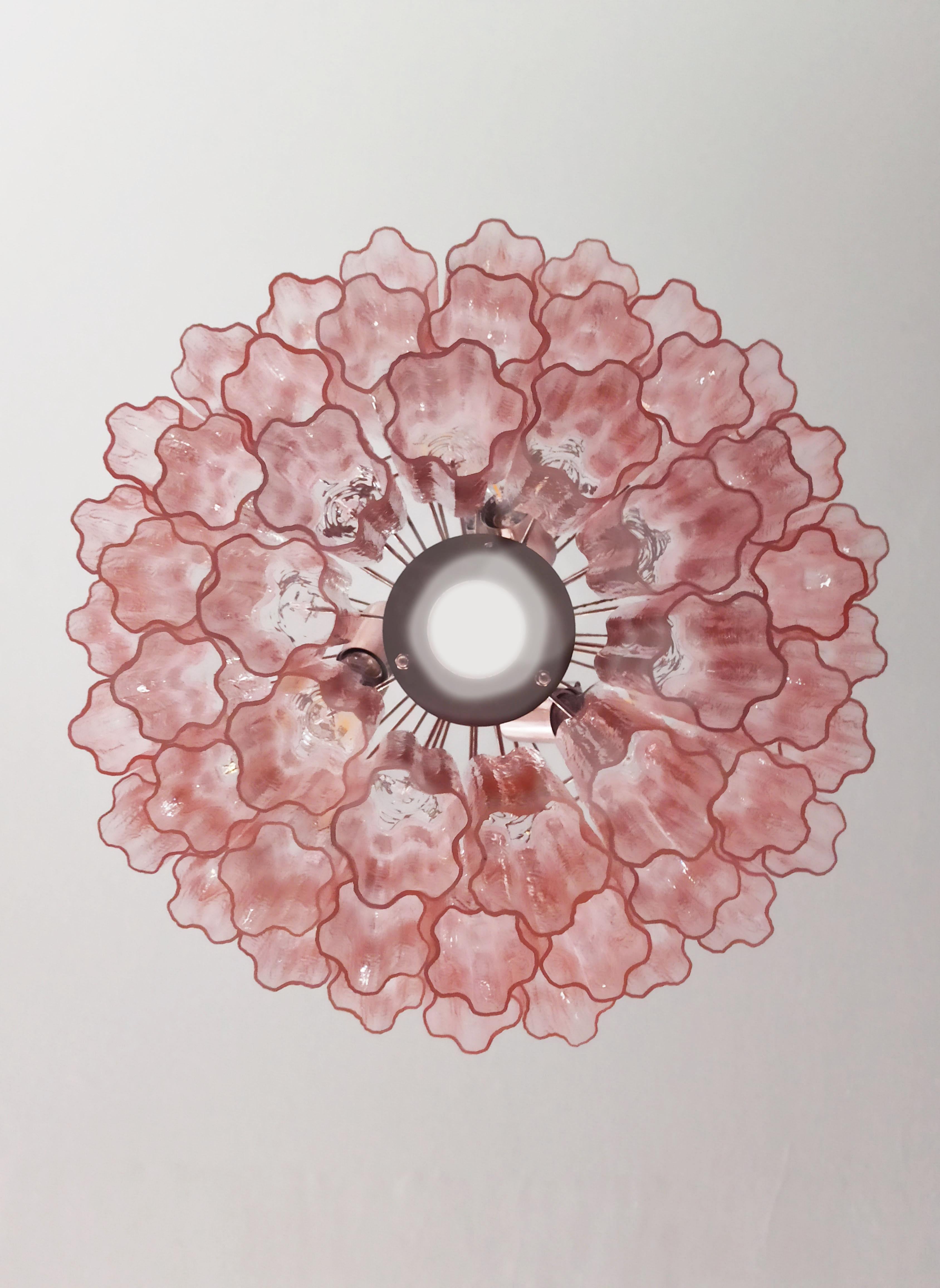 Pair of 52 Pink Tronchi Chandeliers Style Toni Zuccheri for Venini, Murano For Sale 3