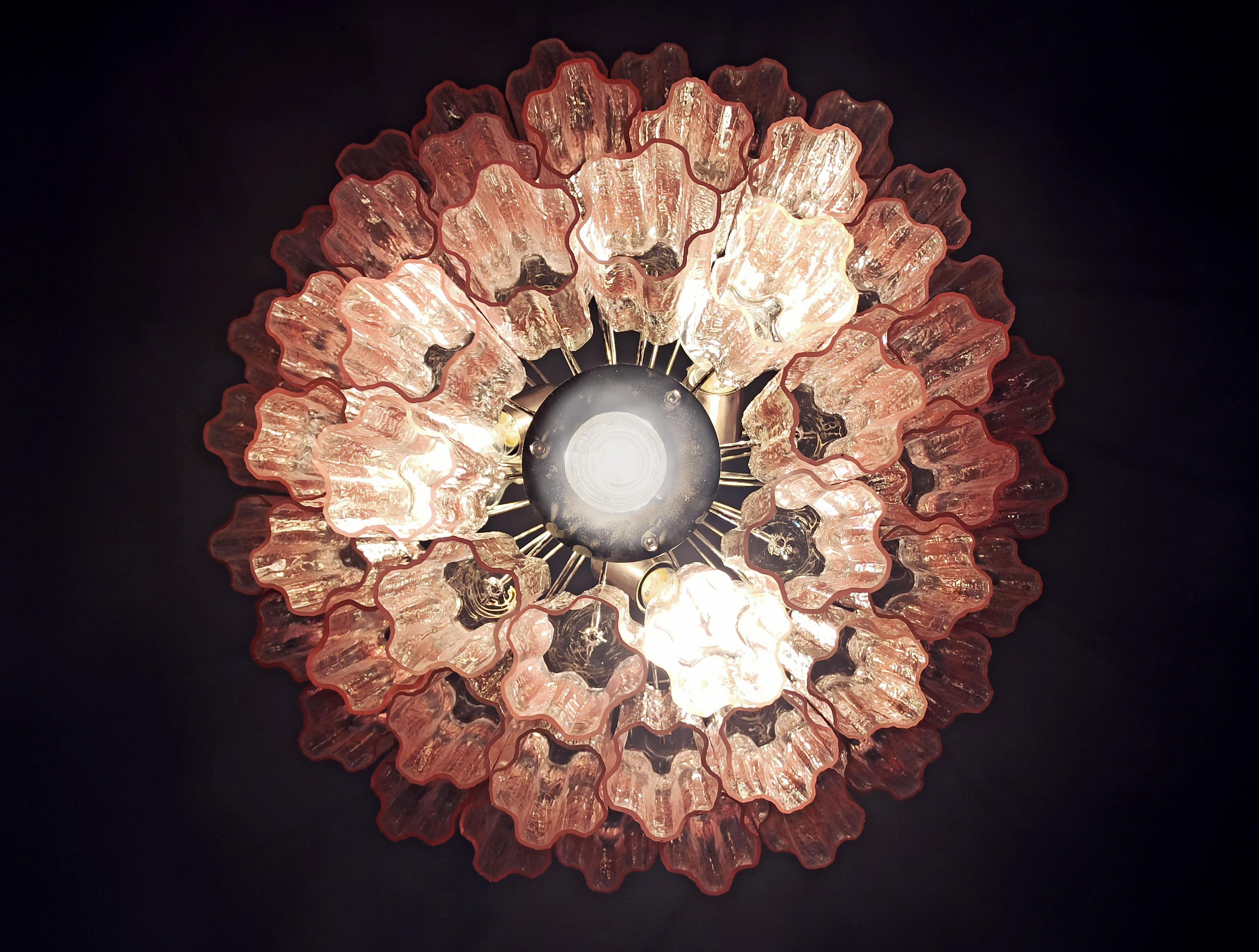 Pair of 52 Pink Tronchi Chandeliers Style Toni Zuccheri for Venini, Murano For Sale 4