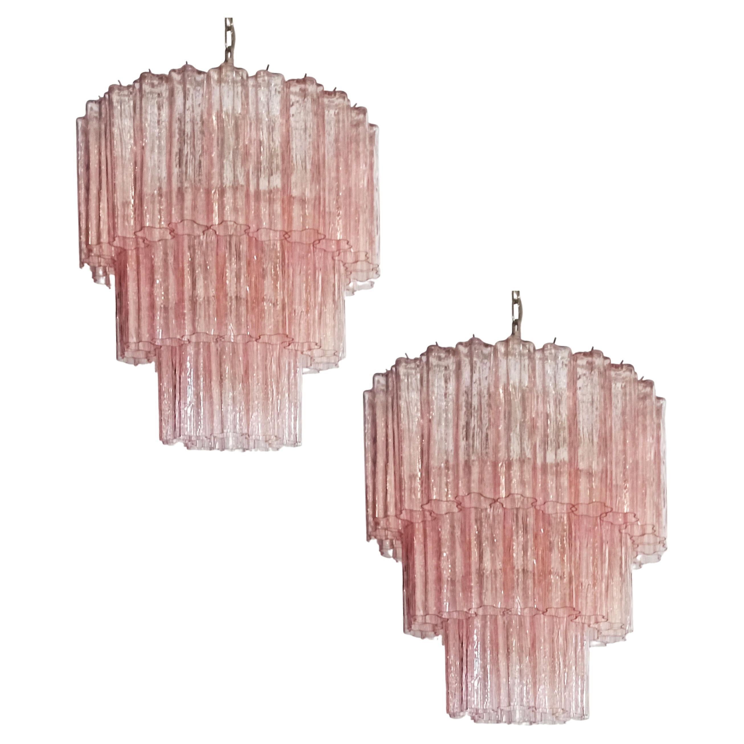 Pair of 52 Pink Tronchi Chandeliers Style Toni Zuccheri for Venini, Murano For Sale