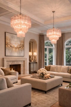 Pair Tronchi Chandeliers Toni Zuccheri Style, 48 Pink Glasses, Murano, 1990