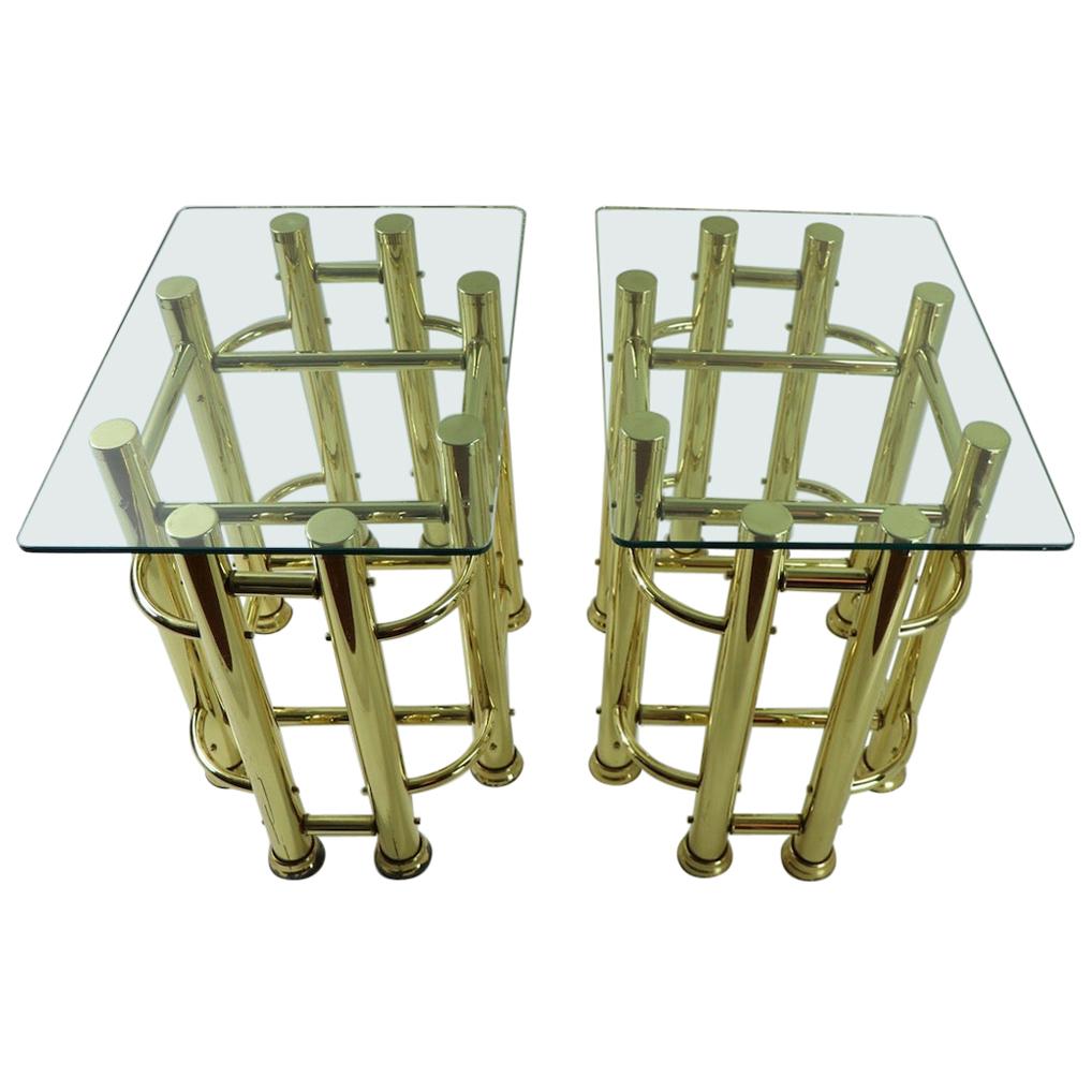Pair of Tubular Brass and Glass End Tables For Sale