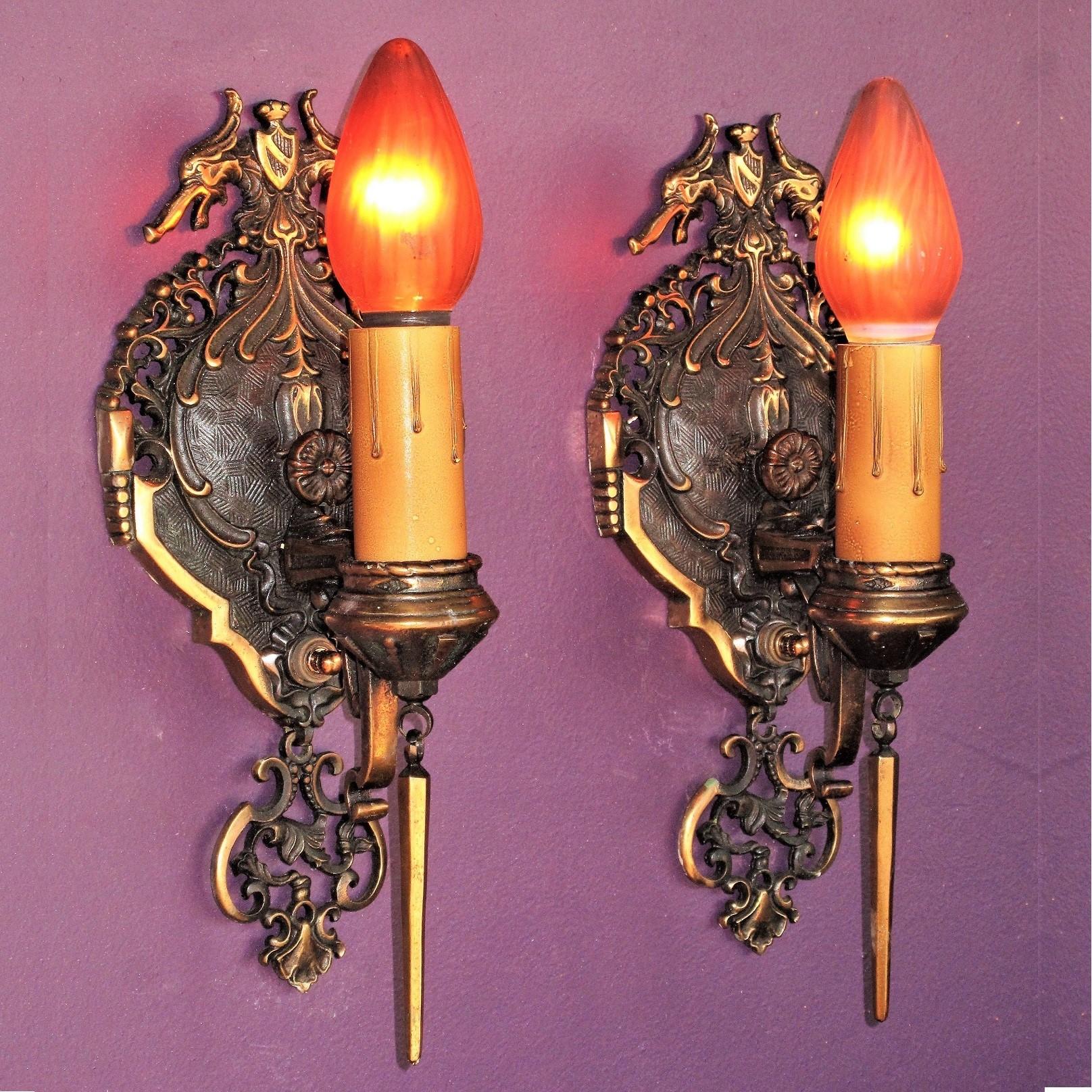 Pair Tudor / Revival Style Bronze Sconces Original Finish For Sale 3